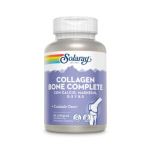 Frasco de suplemento Solaray Colagénio Ósseo Completo com 90 cápsulas, fórmula com colagénio, minerais e vitamina D3 para ossos fortes e articulações saudáveis.