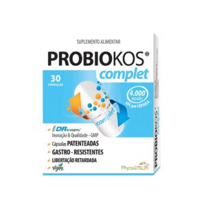 Frasco de Probiokos Complet 30 comprimidos da Phytogold com fórmula probiótica completa para o equilíbrio intestinal e reforço da flora digestiva.