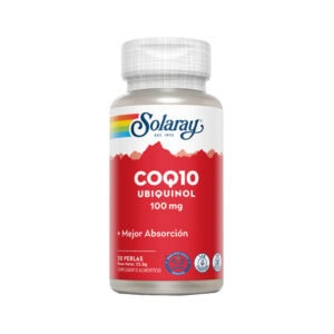 Frasco de suplemento Solaray Coenzima Q10 Ubiquinol 100mg com 30 cápsulas, fórmula antioxidante para energia e saúde cardiovascular.