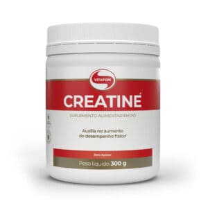 Pote de Creatina Monohidratada em pó 300g da Vitafor, suplemento nutricional para força, energia e ganho de massa muscular.