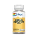 Suplemento alimentar Picolinato de Crómio 200mcg da marca Solaray em frasco com 50 comprimidos, fórmula que ajuda a regular os níveis de glicose e o metabolismo dos hidratos de carbono.