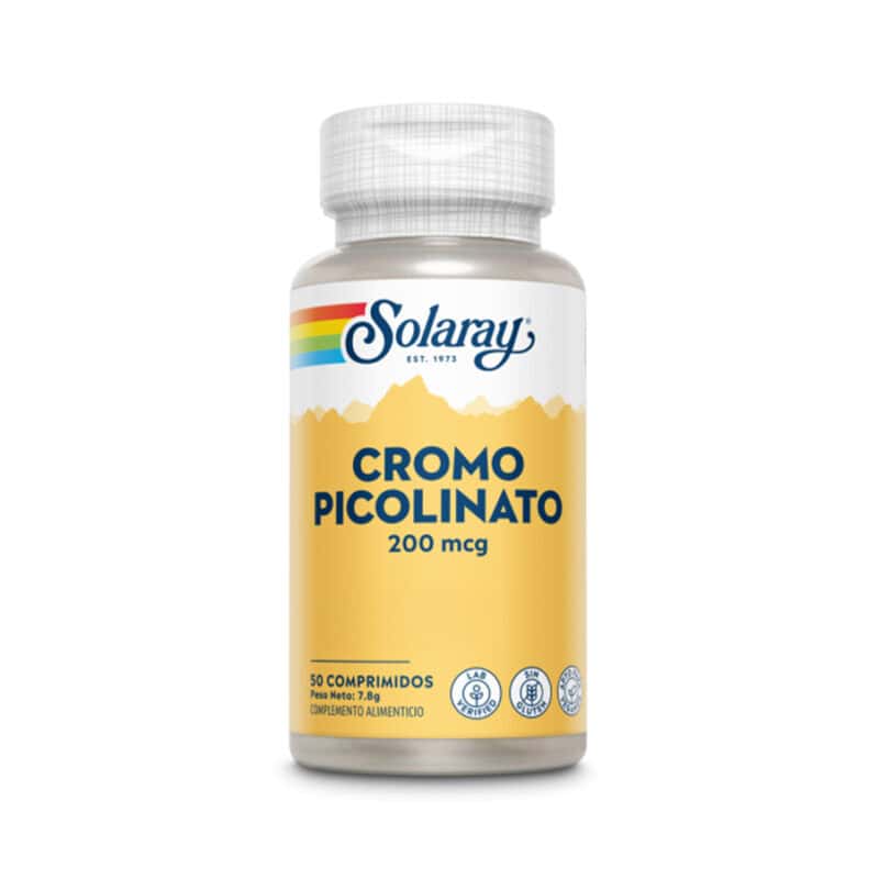 Suplemento alimentar Picolinato de Crómio 200mcg da marca Solaray em frasco com 50 comprimidos, fórmula que ajuda a regular os níveis de glicose e o metabolismo dos hidratos de carbono.