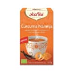 Chá biológico Yogi Tea de curcuma e laranja em embalagem de 17 saquetas, infusão dourada com sabor cítrico e especiado.