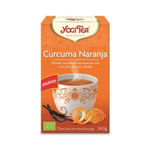 Chá biológico Yogi Tea de curcuma e laranja em embalagem de 17 saquetas, infusão dourada com sabor cítrico e especiado.