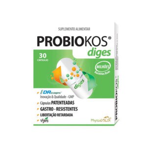Frasco de Probiokos Diges 30 comprimidos da Phytogold com probióticos e enzimas digestivas para promover o conforto gastrointestinal e uma digestão equilibrada.