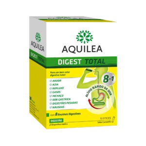 Caixa de Aquilea Digest Total 12 sticks, suplemento com enzimas digestivas, plantas e probióticos para melhorar a digestão e o conforto intestinal.