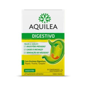 Caixa de Aquilea Digestivo 30 comprimidos, suplemento com plantas digestivas como funcho, camomila e hortelã para aliviar o desconforto estomacal.