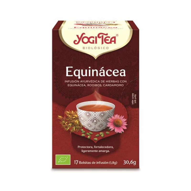 Chá de ervas biológico Yogi Tea de equinácea em embalagem de 17 saquetas, infusão aromática e revitalizante.