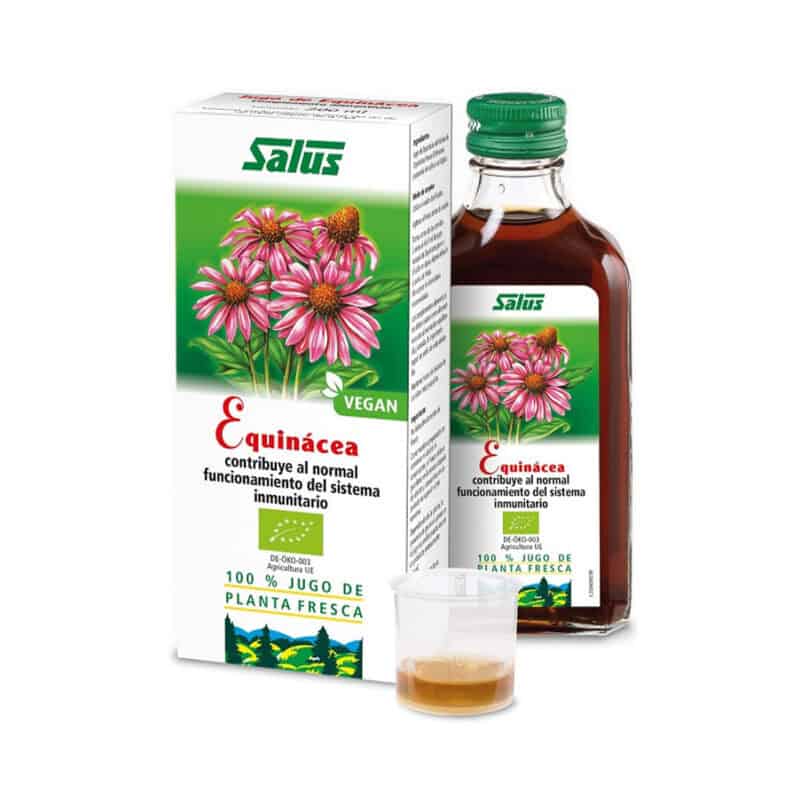 Suplemento líquido Equinácea Bio 200ml Salus em frasco de vidro âmbar com rótulo natural, indicado para reforçar o sistema imunitário.