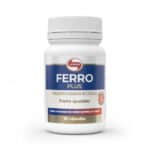 Suplemento alimentar Ferro Plus da marca Vitafor em embalagem com 30 cápsulas, fórmula com ferro, vitamina C e ácido fólico para apoiar a formação de glóbulos vermelhos e reduzir o cansaço.
