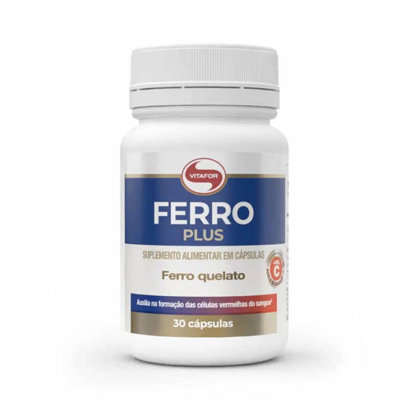 Suplemento alimentar Ferro Plus da marca Vitafor em embalagem com 30 cápsulas, fórmula com ferro, vitamina C e ácido fólico para apoiar a formação de glóbulos vermelhos e reduzir o cansaço.