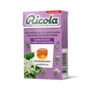 Rebuçados Ricola de Flores de Sabugueiro em embalagem de 50g, elaborados com ervas suíças naturais, sabor suave e refrescante que acalma a garganta.