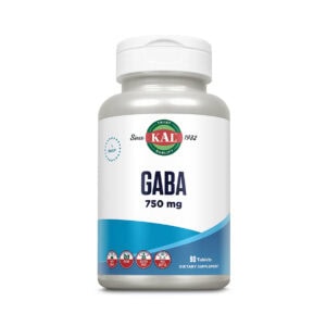Suplemento alimentar GABA 750mg da marca Kal em frasco com 90 comprimidos, fórmula que apoia o relaxamento e o equilíbrio do sistema nervoso.