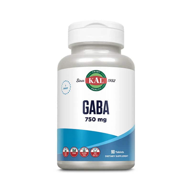Suplemento alimentar GABA 750mg da marca Kal em frasco com 90 comprimidos, fórmula que apoia o relaxamento e o equilíbrio do sistema nervoso.