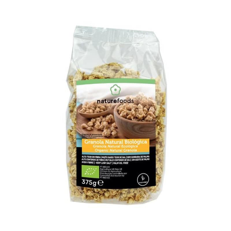 Granola Natural Biológica da marca Naturefoods em embalagem de 375g, mistura crocante de flocos de aveia integral com frutos secos e sementes, sem açúcares adicionados.