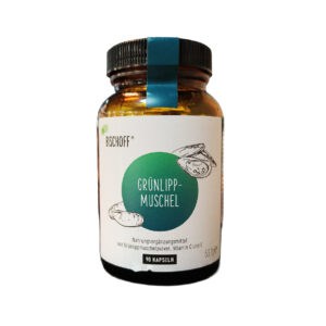 Frasco de suplemento Bischoff Mexilhão de Lábios Verdes com 90 cápsulas, fonte natural de ômega-3 e glicosaminoglicanos para articulações saudáveis.