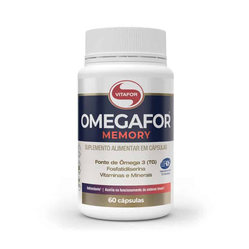 Frasco de Omegafor Memory 60 cápsulas da Vitafor, suplemento alimentar com ômega-3, DHA e EPA para suporte à memória e função cognitiva.