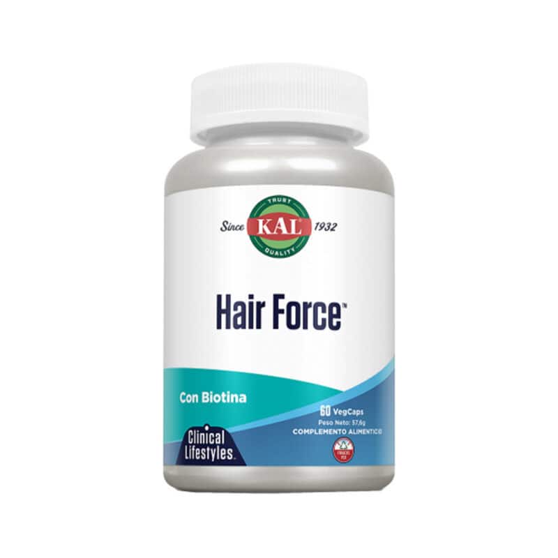 frasco de Hair Force 60 cápsulas Kal, suplemento para cabelo, pele e unhas com vitaminas, minerais e extratos naturais