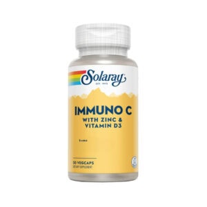 Frasco de suplemento Solaray Inmuno C com Zinco e Vitamina D3, 30 cápsulas, fórmula reforçada para imunidade e proteção antioxidante.