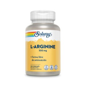 Frasco de suplemento Solaray L-Arginina 500mg com 100 cápsulas, aminoácido essencial para circulação, desempenho físico e vitalidade.