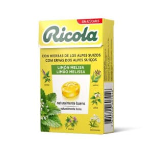 Rebuçados Ricola de Limão e Melissa em embalagem de 50g, feitos com ervas suíças e aroma natural de limão, proporcionando frescura e alívio para a garganta.