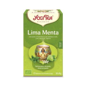 Infusão biológica Yogi Tea Lima Menta em embalagem com 17 saquetas, combinação refrescante de lima, menta e alcaçuz para uma sensação leve e revigorante.