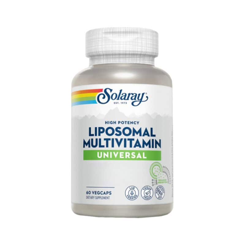 Suplemento alimentar Liposomal Multivitamínico Women's 50+ da marca Solaray em frasco com 60 cápsulas, fórmula avançada com vitaminas e minerais adaptada às necessidades das mulheres acima dos 50 anos.