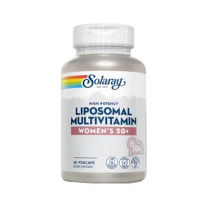 Suplemento alimentar Liposomal Multivitamínico Women's 50+ da marca Solaray em frasco com 60 cápsulas, fórmula lipossomal rica em vitaminas, minerais e antioxidantes para mulheres acima dos 50 anos.