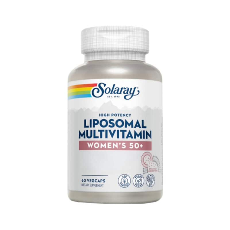 Suplemento alimentar Liposomal Multivitamínico Women's 50+ da marca Solaray em frasco com 60 cápsulas, fórmula lipossomal rica em vitaminas, minerais e antioxidantes para mulheres acima dos 50 anos.