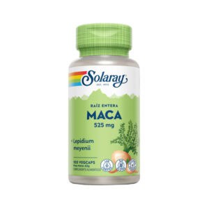 Frasco de suplemento Solaray Maca 525mg com 100 cápsulas, tónico natural para energia, vitalidade e equilíbrio hormonal.