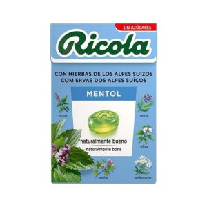 Rebuçados Ricola de Mentol em embalagem de 50g, elaborados com 13 ervas suíças e mentol natural para um alívio refrescante e duradouro da garganta.