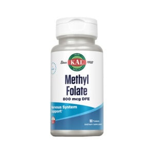 frasco de Methyl Folate 800mcg 90 comprimidos Kal, suplemento com folato ativo que apoia a divisão celular e o sistema nervoso