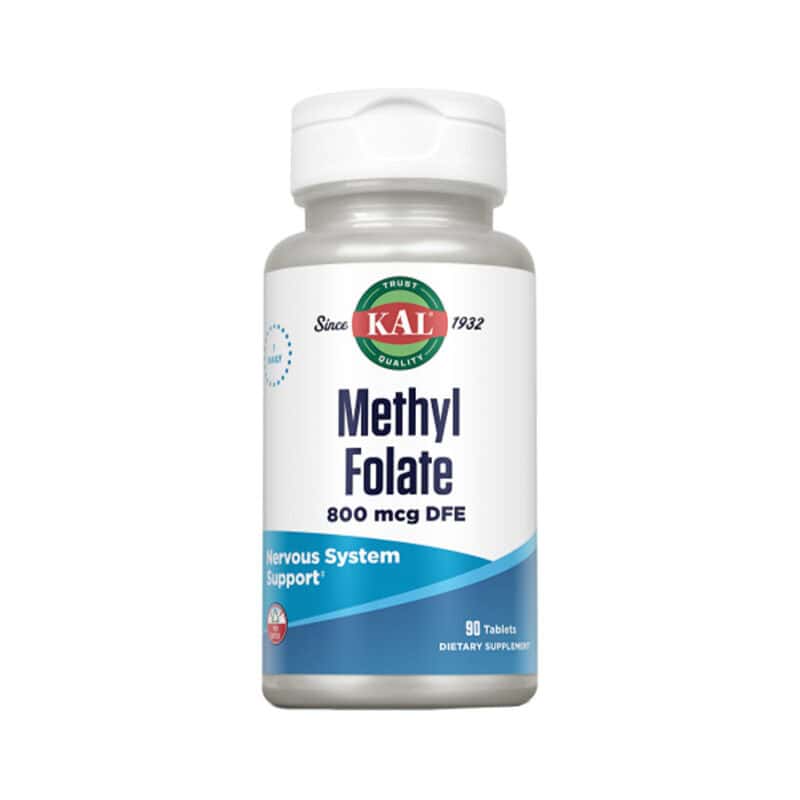 frasco de Methyl Folate 800mcg 90 comprimidos Kal, suplemento com folato ativo que apoia a divisão celular e o sistema nervoso