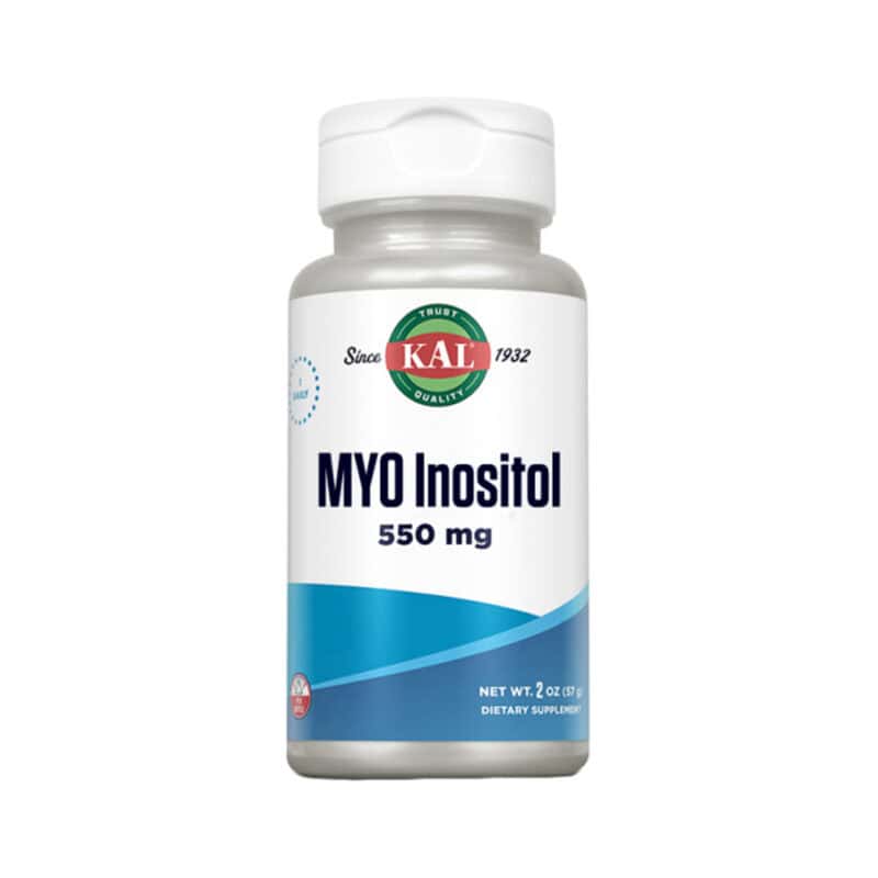 Frasco de suplemento alimentar MYO Inositol 550mg da marca Kal, em pó, com 57 gramas, indicado para o equilíbrio hormonal e metabólico.