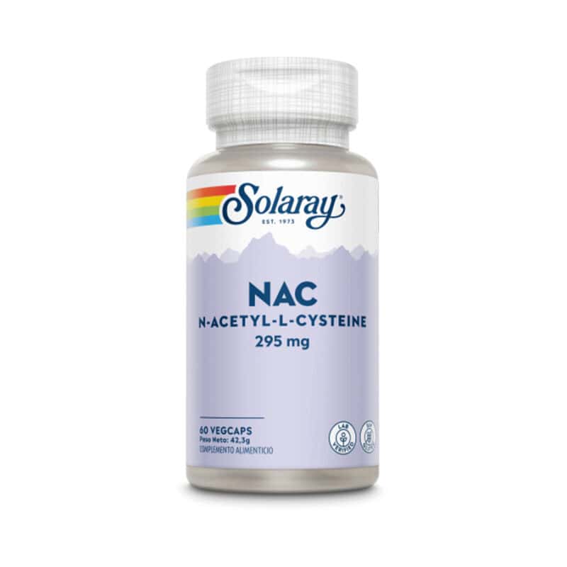 Frasco de suplemento Solaray NAC 295mg com 60 cápsulas, fonte de N-acetilcisteína para apoio respiratório, hepático e antioxidante.