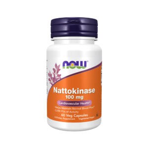 Frasco de suplemento alimentar Nattokinase 100 mg, enzima natural extraída da soja fermentada, em cápsulas para apoio cardiovascular.