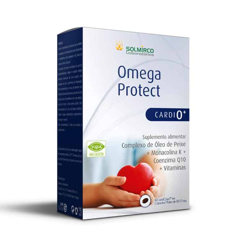 Suplemento alimentar Omega Protect Cardio+ 60 cápsulas Solmirco, com ácidos gordos ómega-3 e nutrientes que apoiam a saúde cardiovascular e o controlo do colesterol.