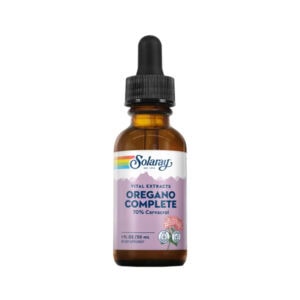 Frasco de suplemento Solaray Oregano Complete 30ml em cápsulas, com óleo essencial de orégão, suporte natural ao sistema imunitário e defesa antioxidante.