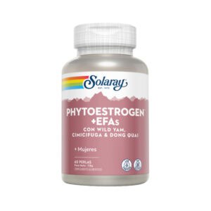 Frasco de suplemento Solaray PhytoEstrogen + EFAs com 60 cápsulas, fórmula com fitoestrogénios e ácidos gordos essenciais para equilíbrio hormonal feminino e bem-estar da menopausa.