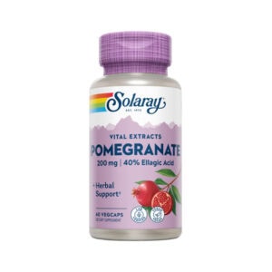 Frasco de suplemento Solaray Extrato de Romã 200mg com 60 cápsulas, fonte natural de antioxidantes para proteção celular e saúde cardiovascular.