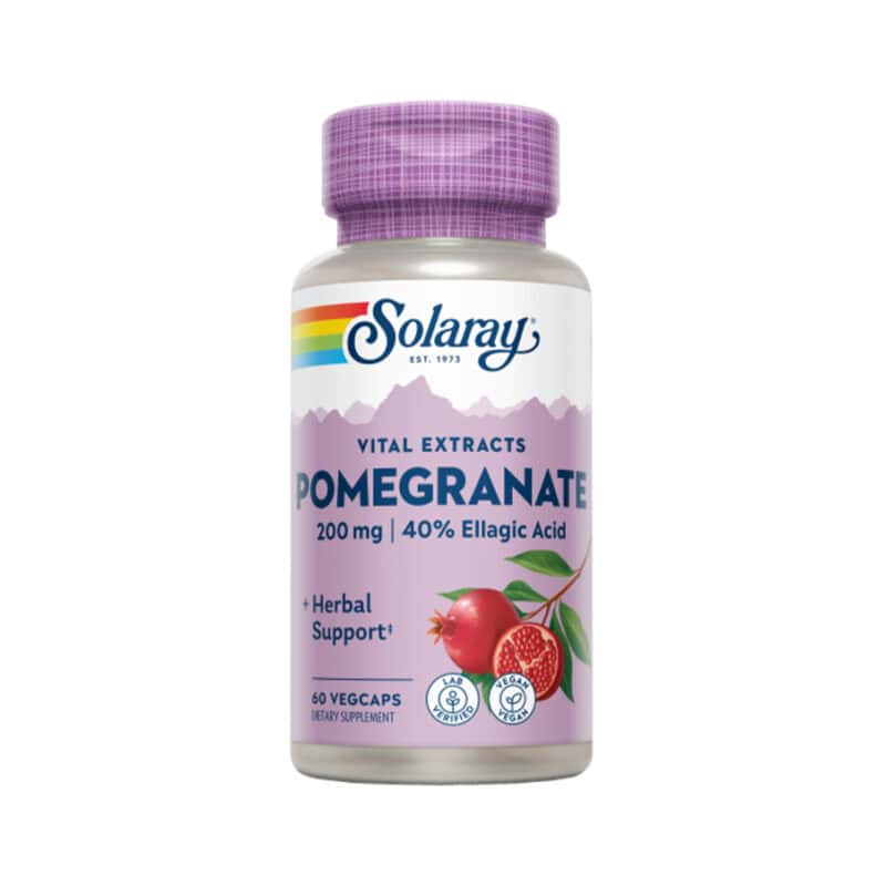 Frasco de suplemento Solaray Extrato de Romã 200mg com 60 cápsulas, fonte natural de antioxidantes para proteção celular e saúde cardiovascular.