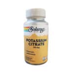Frasco de Citrato de Potássio 99mg Solaray com 60 cápsulas, suplemento mineral para equilíbrio eletrolítico e função muscular.