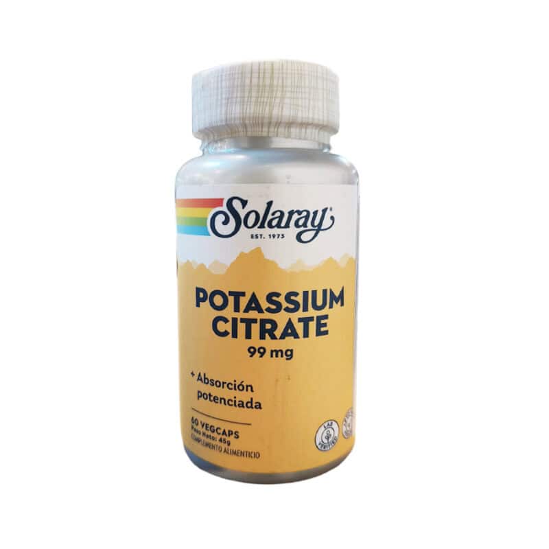 Frasco de Citrato de Potássio 99mg Solaray com 60 cápsulas, suplemento mineral para equilíbrio eletrolítico e função muscular.