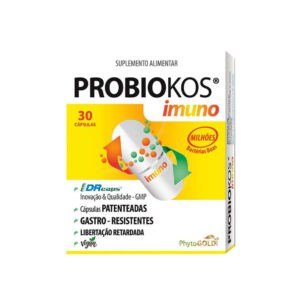 Frasco de Probiokos Imuno 30 comprimidos da Phytogold com probióticos e vitaminas para reforçar o sistema imunitário e o equilíbrio intestinal.