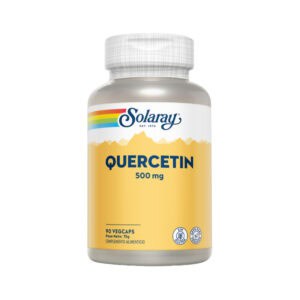 Frasco de suplemento Solaray Quercitina 500mg com 90 cápsulas, fórmula antioxidante para reforço imunitário e proteção contra radicais livres.