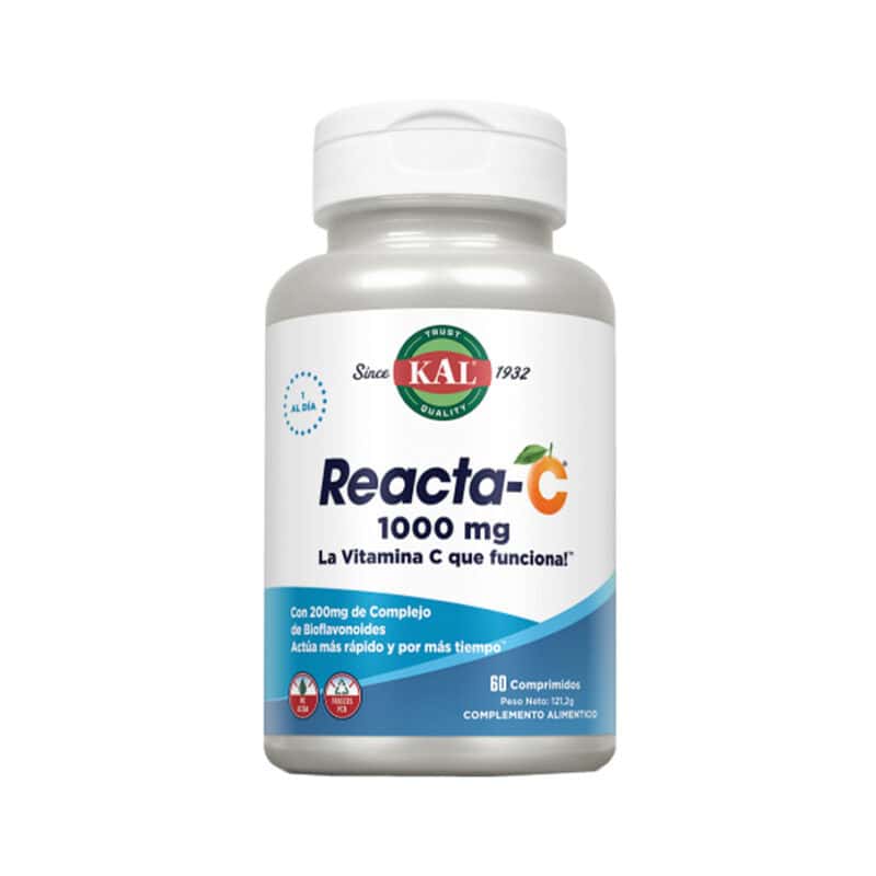 frasco de Reacta-C 1000mg 60 comprimidos Kal, suplemento de vitamina C de libertação prolongada com bioflavonoides