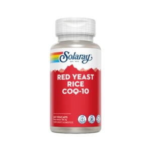Frasco de suplemento Solaray Red Yeast Rice + Q10 com 60 cápsulas, fórmula com arroz vermelho e coenzima Q10 para apoio ao colesterol e energia celular.