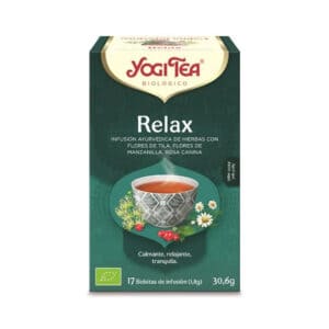 Infusão bio Relax Yogi Tea em caixa de 17 saquetas, mistura suave de ervas biológicas para promover calma.