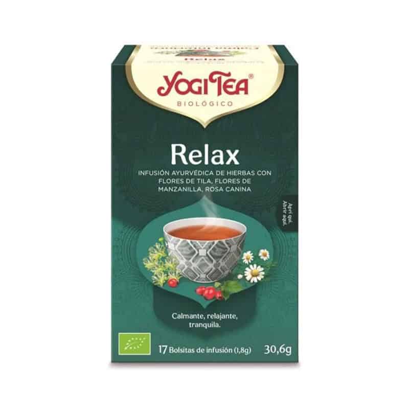 Infusão bio Relax Yogi Tea em caixa de 17 saquetas, mistura suave de ervas biológicas para promover calma.