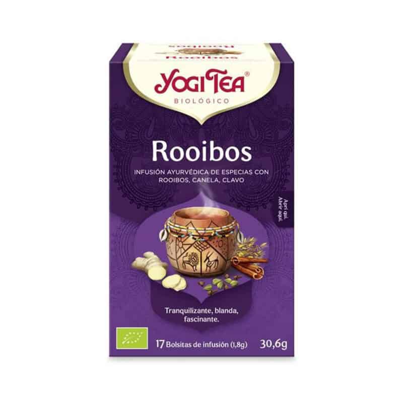 Infusão biológica Yogi Tea Rooibos em embalagem com 17 saquetas, chá natural sem cafeína com rooibos, canela e gengibre, sabor suave e reconfortante.